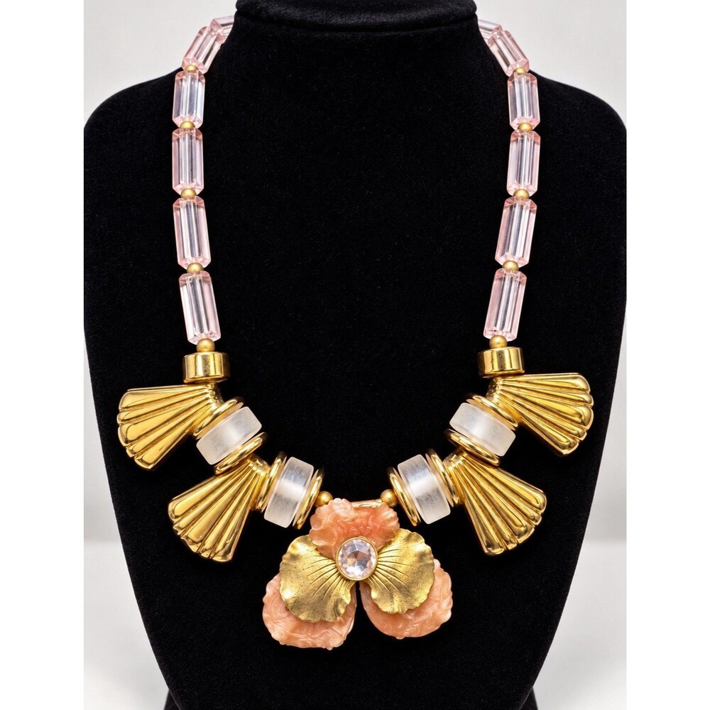 Vintage Made in Italy Statement Necklace Pink Lucite Beads Enamel Flower 18"